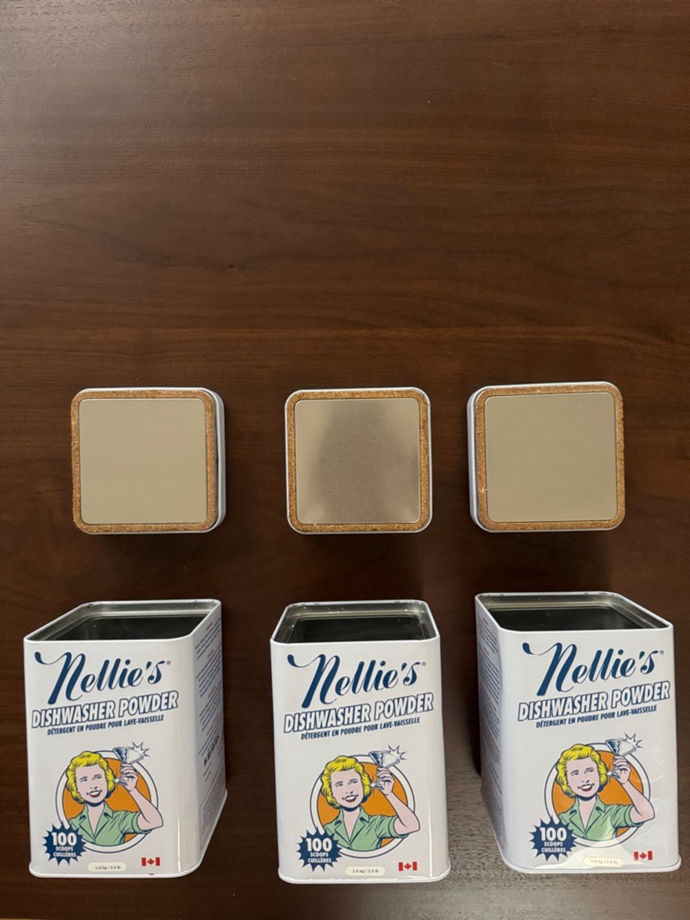 Nellie’s 3 CANISTERS REFILL REPURPOSE CORK SEAL LID EMPTY METAL DISHWASHER POWDE